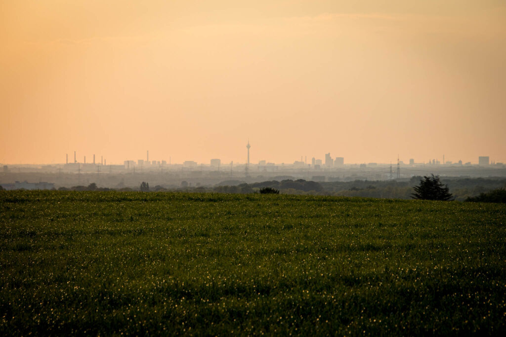 Unterwegs im Bergischen Wanderland: Streifzug Nr. 4 - Leichlinger Obstweg - Blick auf das abendliche Düsseldorf