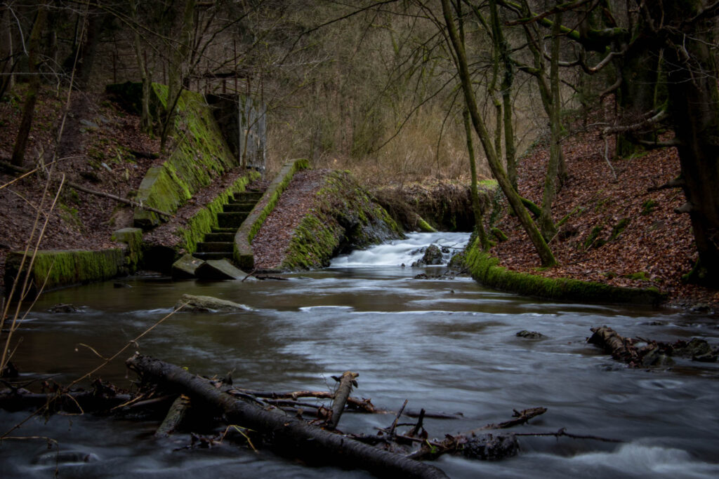 Wanderung durch das Eifgental von Burscheid Bellinhausen aus - Ehemaliges Stauwehr der alten Burscheider Talsperre am Eifgenbach